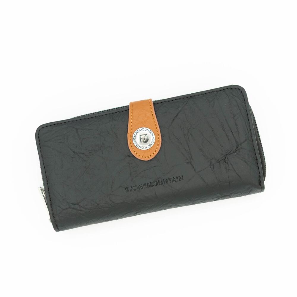 STONE MOUNTAIN Nancy Black Tan Leather Zip Around Clutch Wallet Checkbook Holder